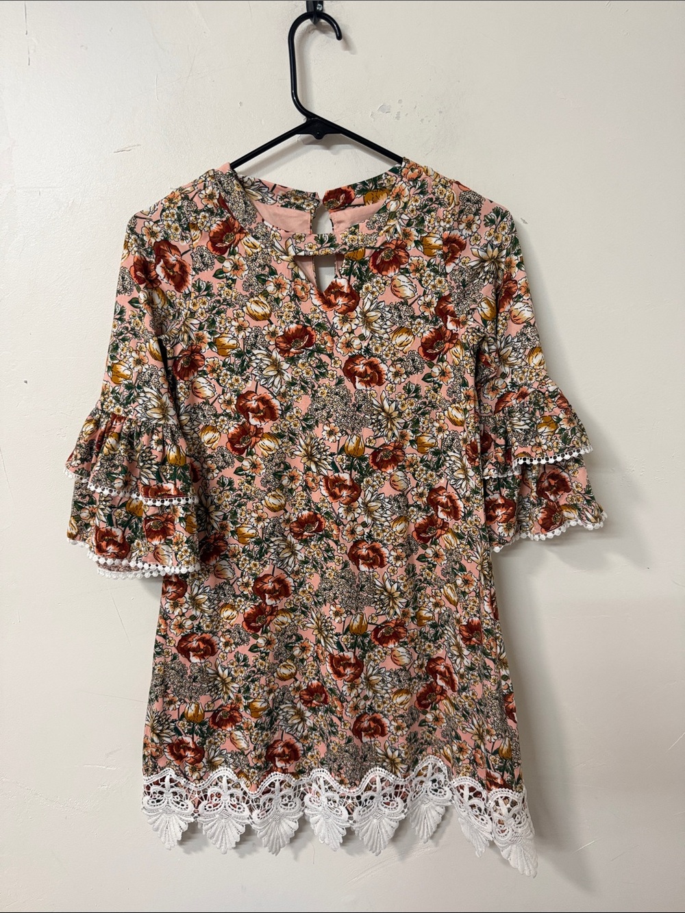 Rare Editions Pink Floral Lace-Hem Ruffle Sleeve Mini Dress